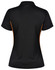 A black polo shirt with orange contrast detailing and a logo on the back.