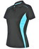 Ladies' black polo shirt featuring contrast turquoise accents and a logo. Short-sleeved and made from Cooldry fabric.