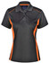 A black and orange polo shirt featuring a contrasting interlock design and a logo.