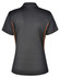 A black polo shirt with contrasting orange trim and a logo on the back.