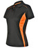 A black polo shirt with orange contrast detailing, featuring a collar and short sleeves. It has a logo on the chest.