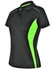 A black polo shirt with vibrant green contrast panels and a collar. The shirt features a logo on the front.