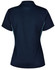 A navy blue ladies' polo shirt featuring contrast piping and a logo on the back.