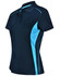A navy blue polo shirt with light blue contrast panels and a collar. Features a logo on the shirt.