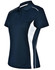 A navy blue ladies' polo shirt with white contrast panels and a logo on the chest.
