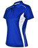 A blue and white ladies' polo shirt with contrast detailing and a collar, featuring a logo on the chest.