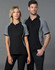 A men's and women's tri-colour short-sleeve pique polo shirt in black with grey accents and a logo.