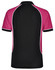 A men's tri-colour short-sleeve polo shirt featuring black and pink panels with white piping and a logo.