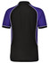A tri-colour men's polo shirt featuring black and purple with white piping, showcasing a back view.