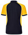 A black and yellow men's polo shirt with short sleeves and piping detail, featuring a logo on the back.