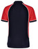 A men's tri-colour polo shirt in red and navy, featuring contrasting white piping and a logo.