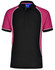 A black polo shirt with pink and white accents, featuring a collar and a logo.