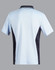 A light blue and black kids' polo shirt featuring a contrasting design and a logo on the collar.