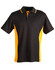 A black and yellow short-sleeve polo shirt featuring a logo on the chest.