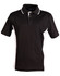 A black and white polo shirt with short sleeves, featuring a collar and a logo.