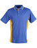 A blue polo shirt with yellow side panels and a collared neck, featuring a logo on the chest.