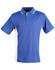A blue and white short-sleeve polo shirt with a collar and some branding.