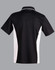 A black and white kids' polo shirt featuring a logo on the back and a classic collar design.