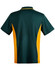 A green and yellow kids' polo shirt with a contrasting design and a logo on the chest.