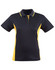 A black and yellow ladies' polo shirt with short sleeves and a collar, featuring a logo.