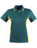 A green and yellow Ladies' TrueDry Contrast short-sleeve polo shirt with a collar and three buttons, featuring a logo.