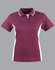 A maroon polo shirt with white contrast panels and a collar, featuring buttons and a logo.