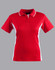 A red and white women's polo shirt with short sleeves and a collar, featuring a logo on one side.
