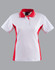 A ladies' short-sleeve polo shirt featuring a white body with red contrast sides and collar, including a logo.