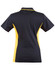 A black and yellow women's polo shirt featuring a contrasting design and a logo on the back.