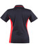 A black and red ladies' polo shirt featuring a contrast design and a collar, viewed from the back.
