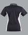 A black and white ladies' polo shirt with a contrast design and a classic collar, featuring a logo.