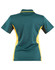 A green and yellow women's polo shirt featuring a contrasting design and a logo.