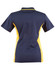 A navy blue polo shirt with yellow contrast detailing on the sides and a collar. Features a logo on the front.