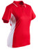 A red and white ladies' polo shirt with a short sleeve and a collar, featuring a logo.