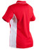 A red and white polo shirt with short sleeves, featuring a branding logo.