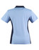A light blue polo shirt with contrasting navy side panels and a collar, featuring a logo.