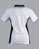 A ladies' polo shirt in white with navy contrast accents, featuring a collar and short sleeves. It has a logo detail.