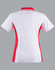A ladies' polo shirt featuring a white base with red contrast panels and a collar. It has a logo on it.