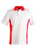 A men's polo shirt featuring a white body with red contrast paneling and a collar. It has a logo on the chest.