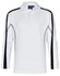 Men's long sleeve polo in white with black side accents and a logo. Ideal for casual or sporty wear.