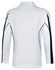 A white long sleeve polo shirt with black accents and a logo on the front.