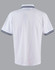 A white kids' polo shirt featuring navy blue stripes on the collar and sleeves, with a logo on the back.