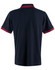 A navy polo shirt with red striped detailing on the collar and sleeves, featuring a logo.