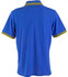A blue polo shirt with yellow and green striped detailing on the collar and sleeves. It features a logo.