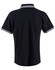 A black polo shirt featuring a collar with white and light blue stripes. It has a logo on the back neckline.