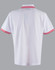 A white polo shirt with red stripes on the collar. Features a logo on the back.