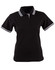 A black women's polo shirt with white-striped collar and sleeves, featuring a buttoned placket and branding.
