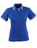 A blue ladies' polo shirt with white trim on the collar and sleeves, featuring a button-up front and a logo.