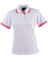 A white polo shirt with red stripes on the collar and sleeves, featuring button detailing and a logo.