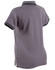 A grey women's polo shirt with contrasting black stripes on the collar and sleeves, featuring a logo.